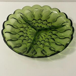 Vintage Divided Serving Dish Bowl Avocado Green Glass Appetizer 3 Sections 8.5"